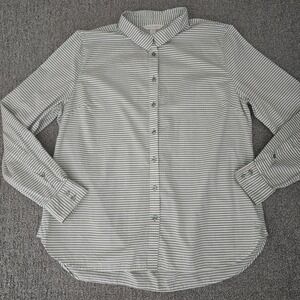 Garnet Hill Cotton Button Up Shirt Women 14 Green Stripe Preppy Classic